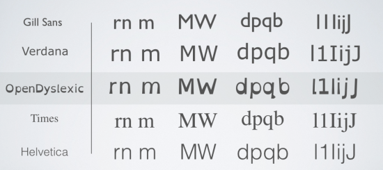 La police de caractères OpenDyslexic juxtaposée à des polices de caractères conventionnelles. Source: OpenDyslexic